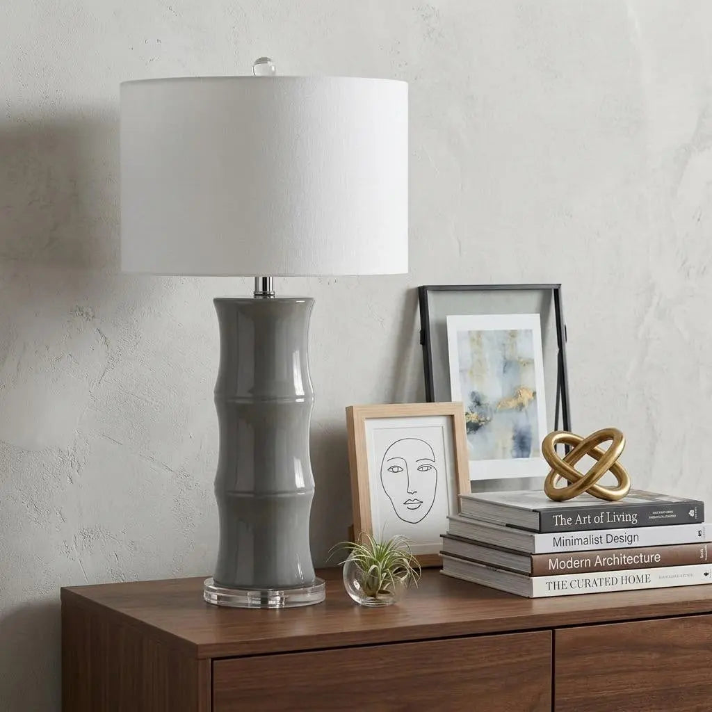 27" Gray And Clear Gourd Bedside Lamp With Drum Shade Homeroots Lighting