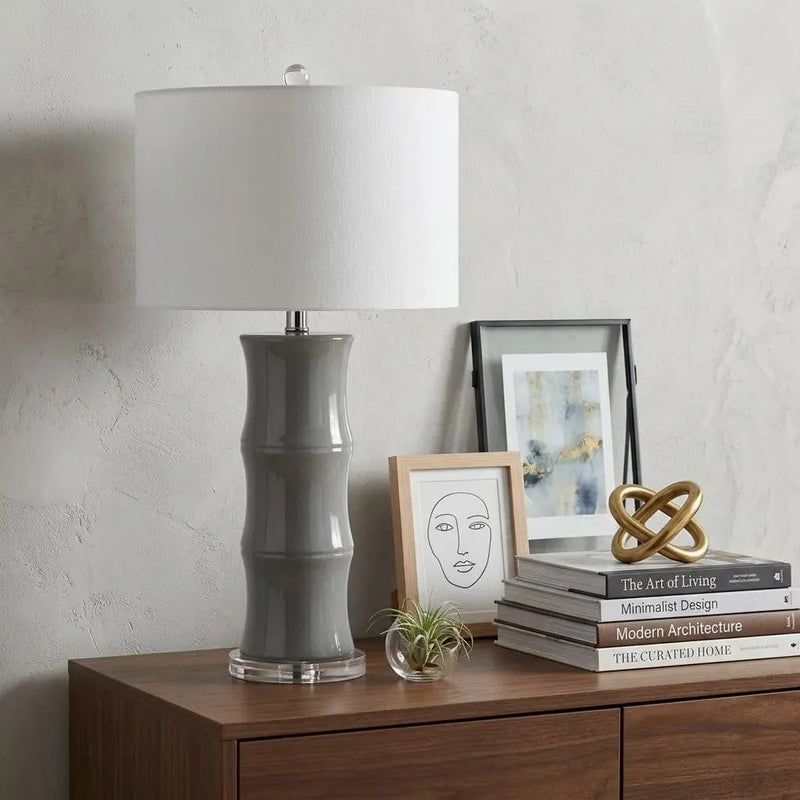 27" Gray And Clear Gourd Bedside Lamp With Drum Shade Homeroots Lighting