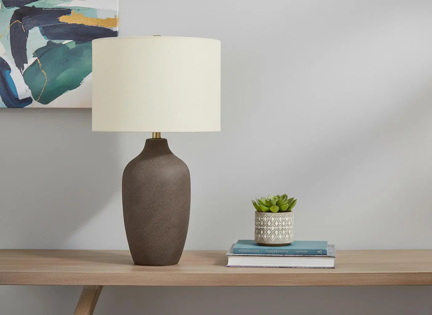 27" Gray Ceramic Urn Table Lamp With Beige Drum Shade Homeroots Lighting