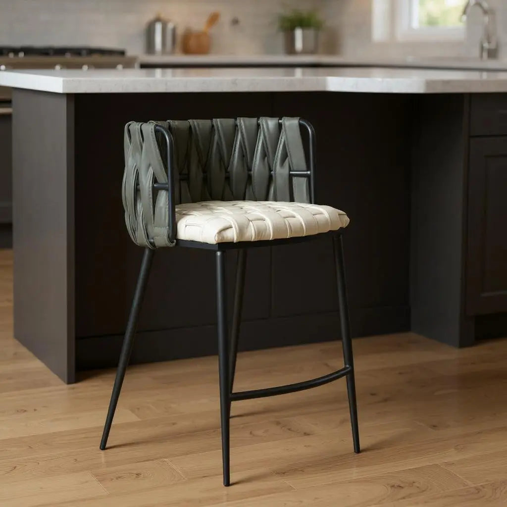 27" Gray White and Black Faux Leather and Metal Low Back Counter Height Bar Chair Homeroots Living Room
