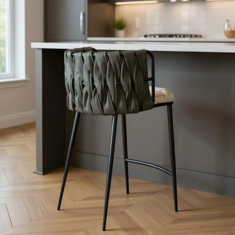 27" Gray White and Black Faux Leather and Metal Low Back Counter Height Bar Chair Homeroots Living Room
