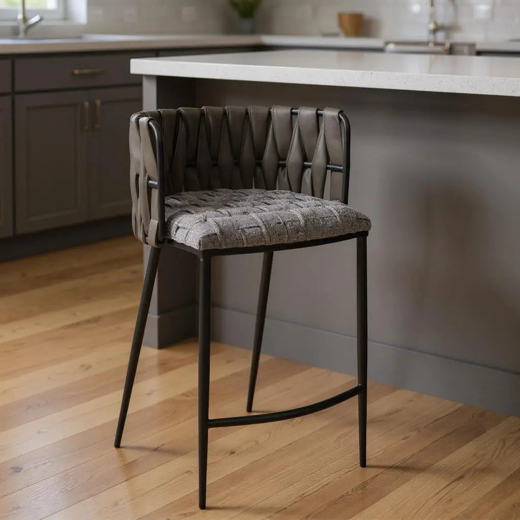 27" Gray and Black Fabric Faux Leather and Metal Low Back Counter Height Bar Chair Homeroots Living Room