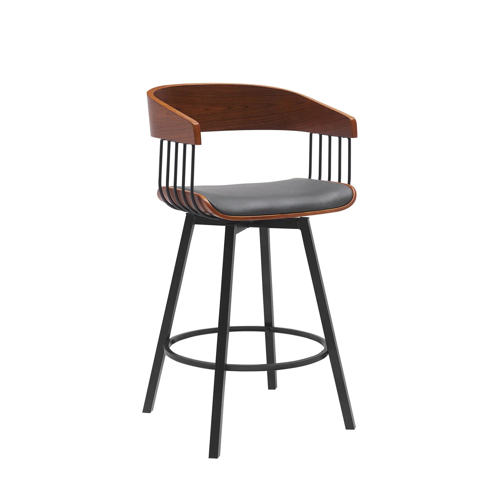 27" Gray and Black Faux Leather with Metal Swivel Counter Height Bar Chair Homeroots Living Room