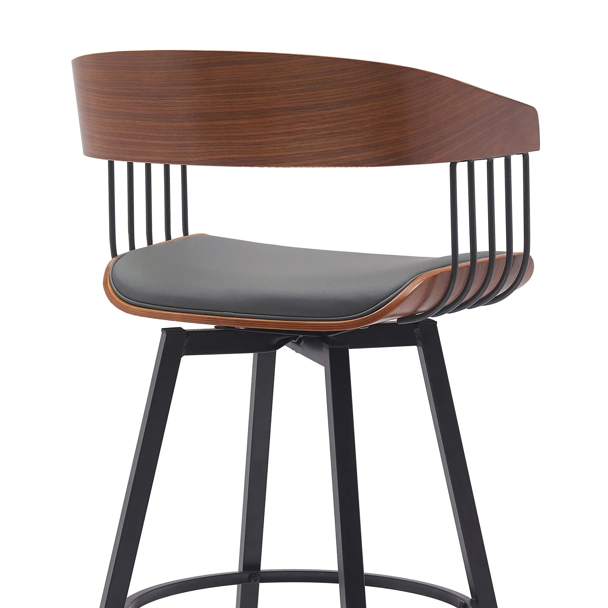27" Gray and Black Faux Leather with Metal Swivel Counter Height Bar Chair Homeroots Living Room