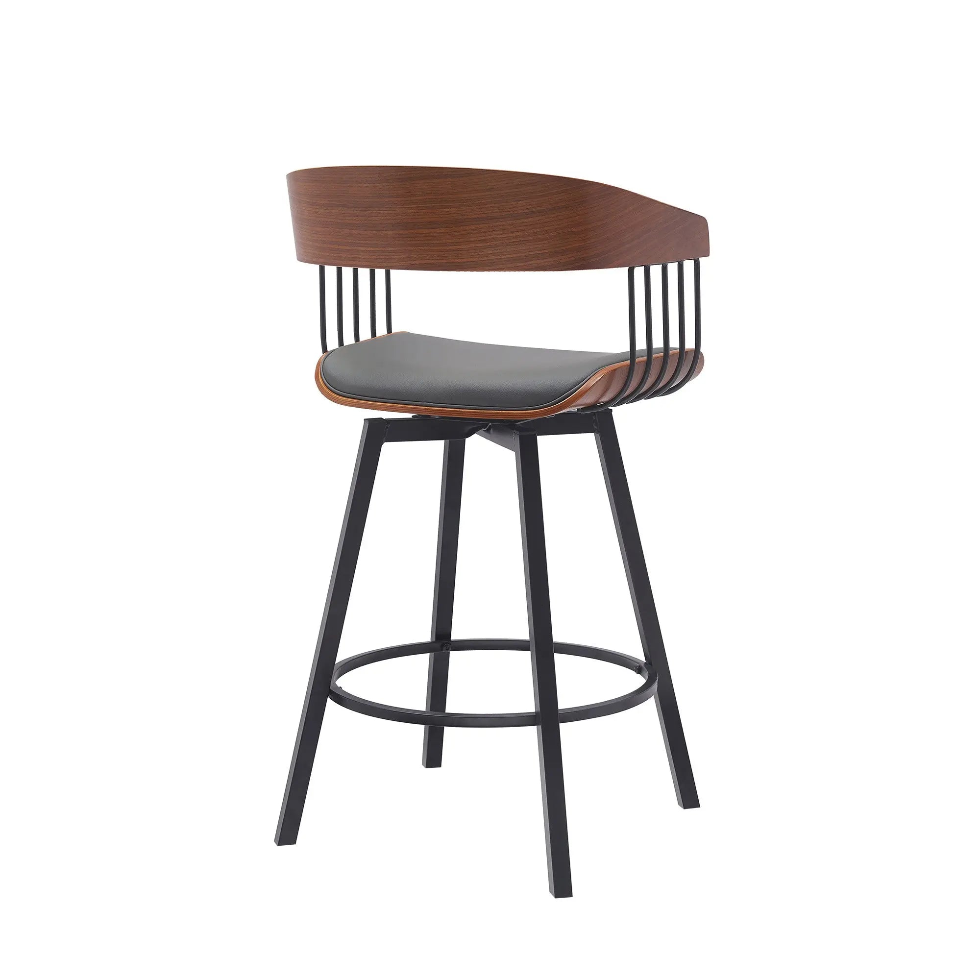 27" Gray and Black Faux Leather with Metal Swivel Counter Height Bar Chair Homeroots Living Room