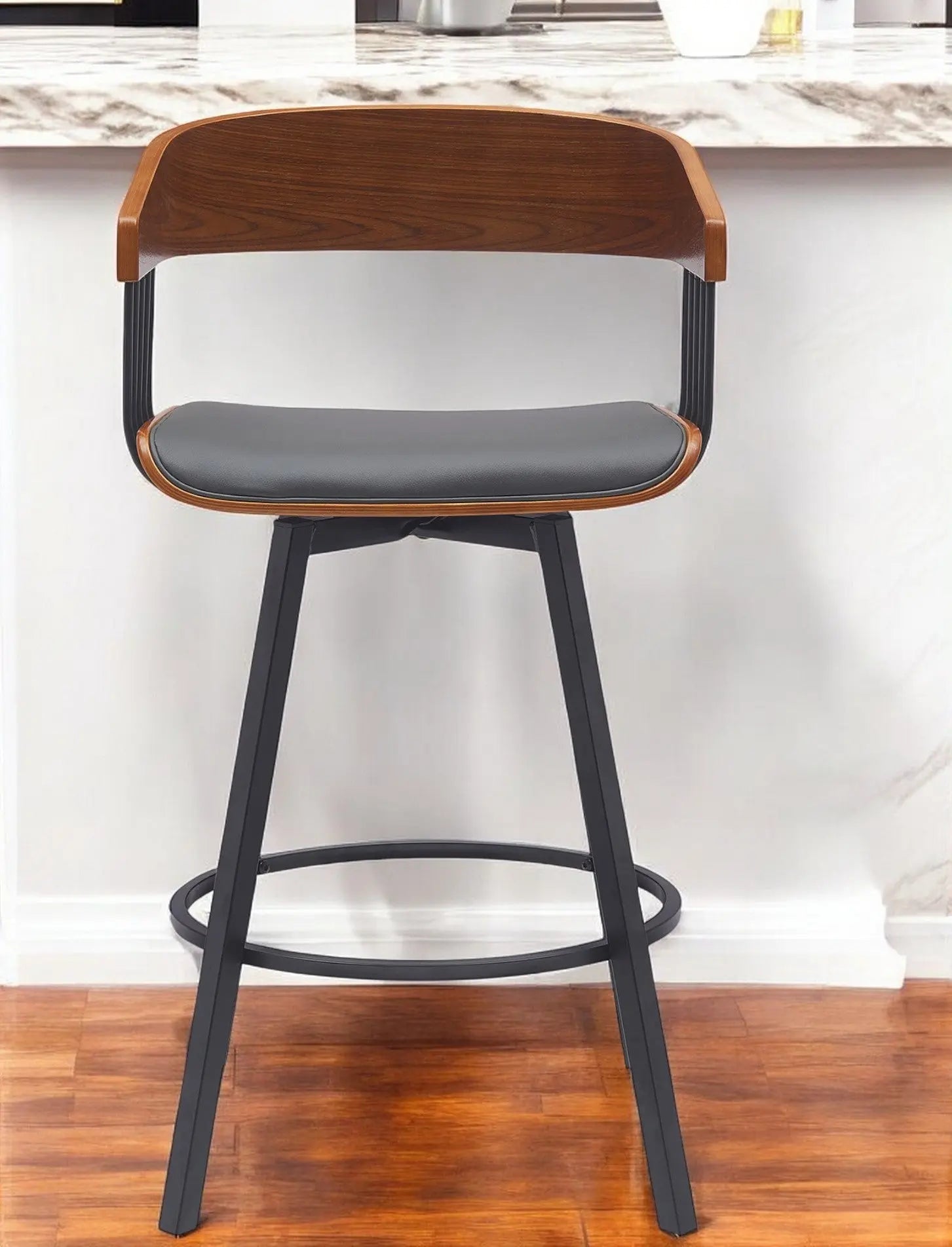 27" Gray and Black Faux Leather with Metal Swivel Counter Height Bar Chair Homeroots Living Room