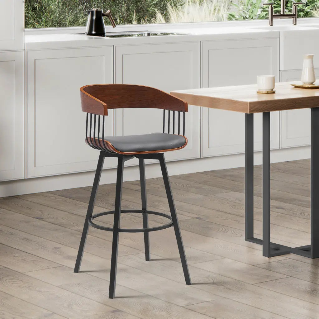 27" Gray and Black Faux Leather with Metal Swivel Counter Height Bar Chair Homeroots Living Room