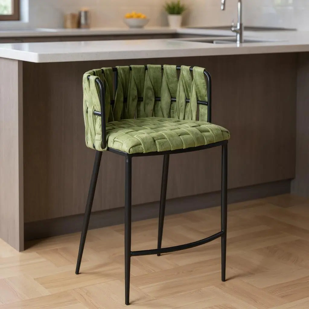 27" Green and Black Velvet and Metal Low Back Counter Height Bar Chair Homeroots Living Room