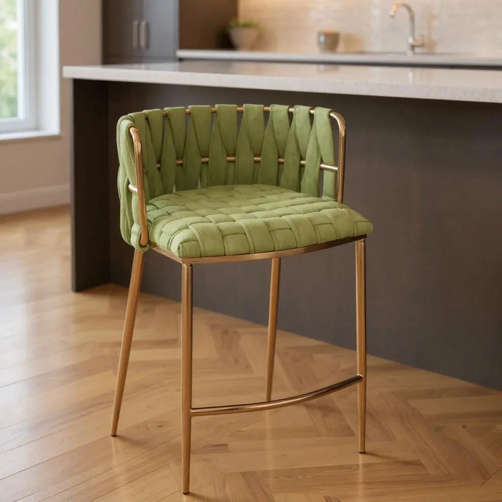27" Green and Gold Velvet and Steel Low Back Counter Height Bar Chair Homeroots Living Room