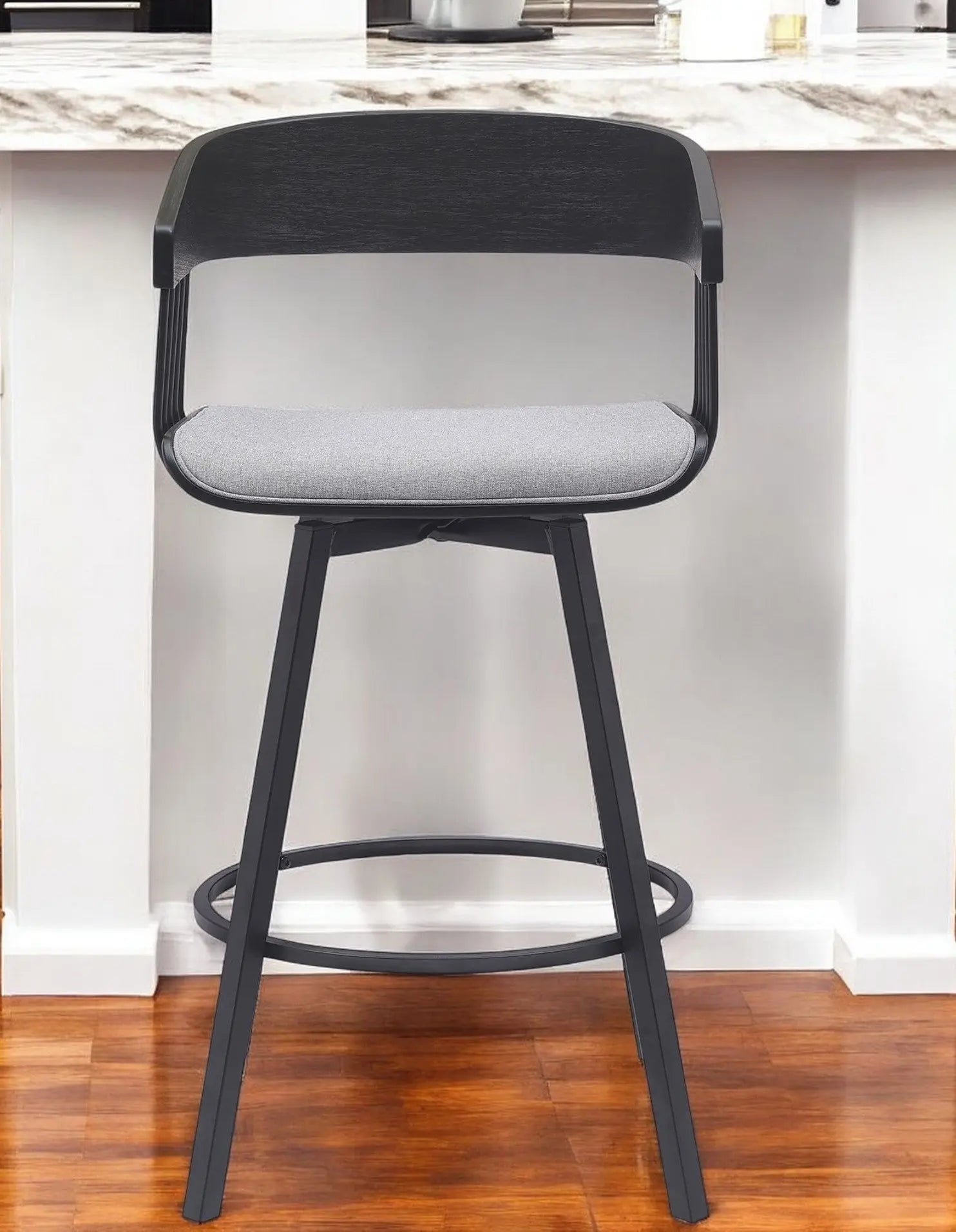 27" Light Gray and Black Fabric with Metal Swivel Counter Height Bar Chair Homeroots Living Room