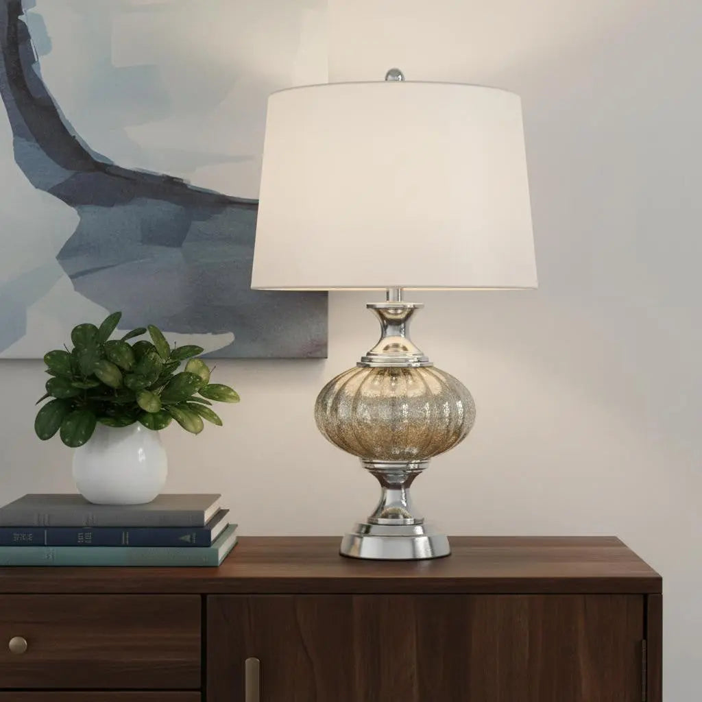 27" Silver Metallic Metal Table Lamp With White Empire Shade Homeroots Lighting