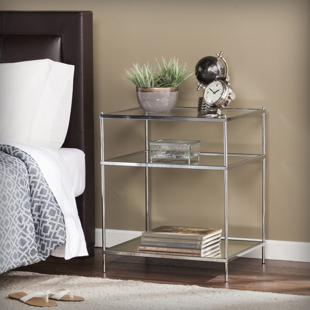 27" Silver Mirrored Glass And Iron End Table With Shelf Homeroots Living Room