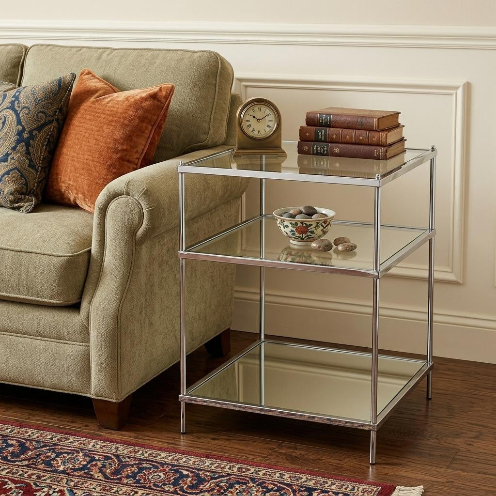 27" Silver Mirrored Glass And Iron End Table With Shelf Homeroots Living Room