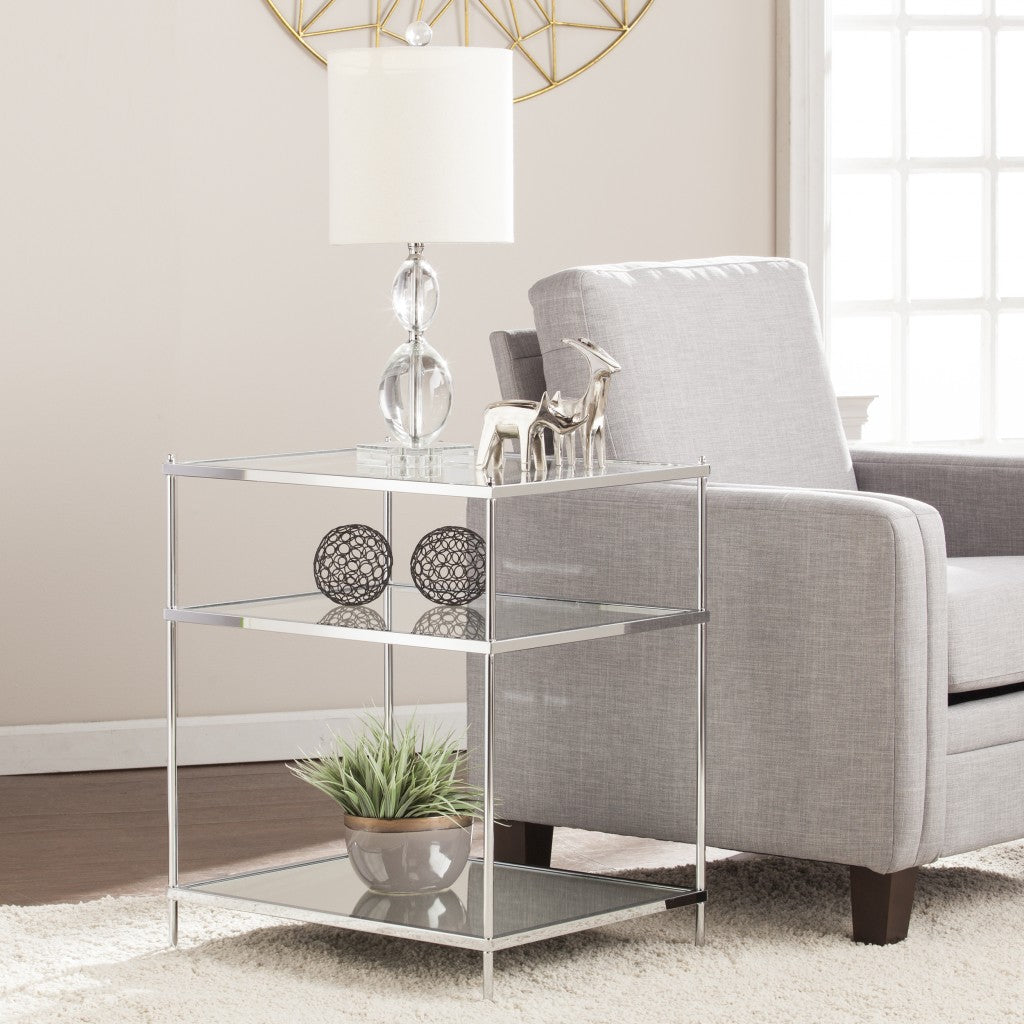 27" Silver Mirrored Glass And Iron End Table With Shelf Homeroots Living Room