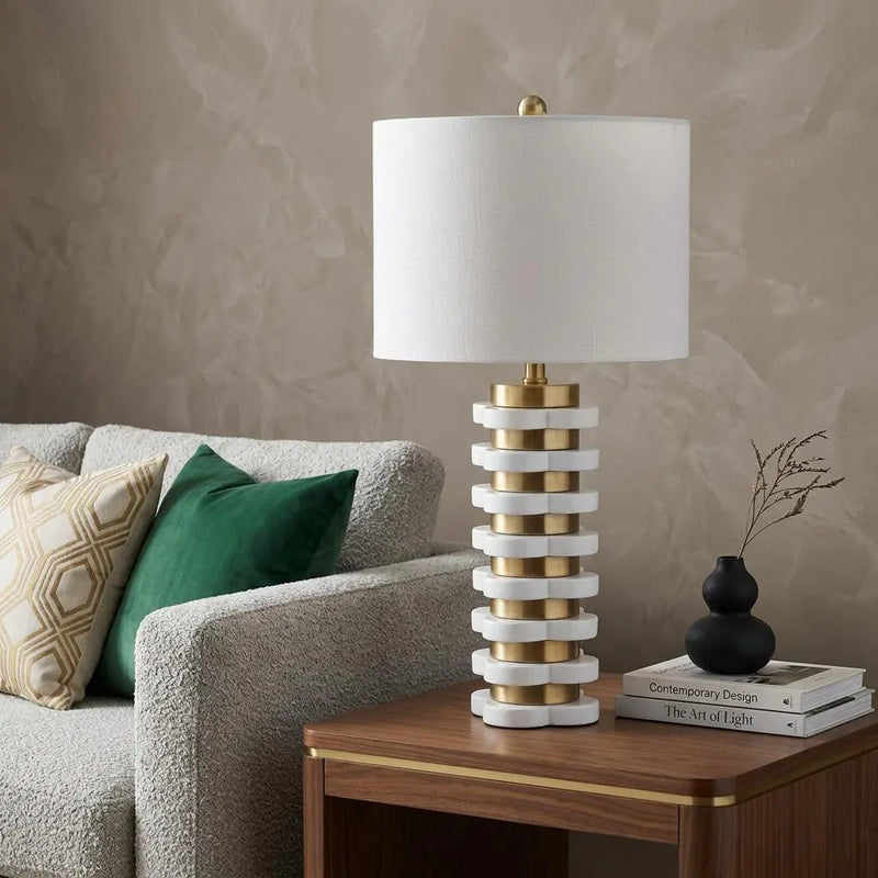 27" White Novelty Table Lamp With Drum Shade Homeroots Lighting