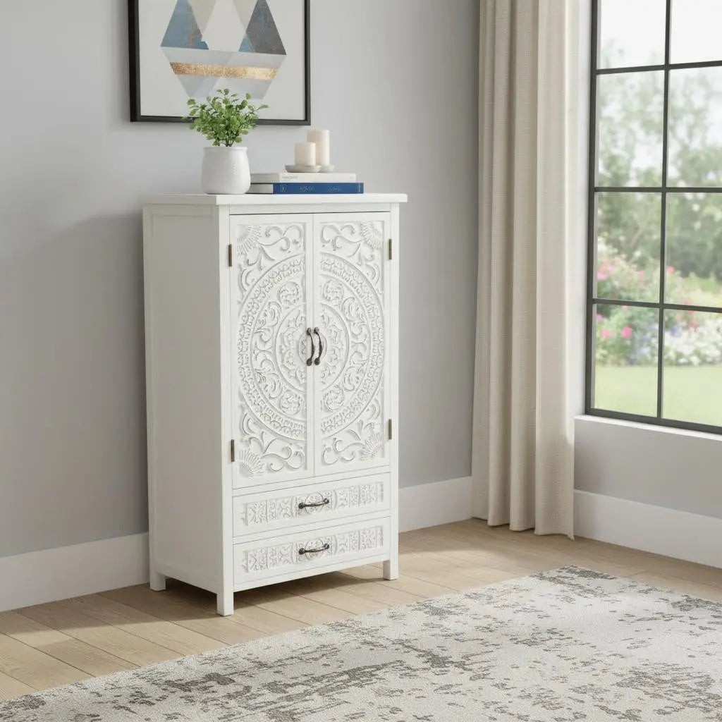 27" White Wood Accent Cabinet With Two Doors And Two Drawers Homeroots Kitchen & Dining