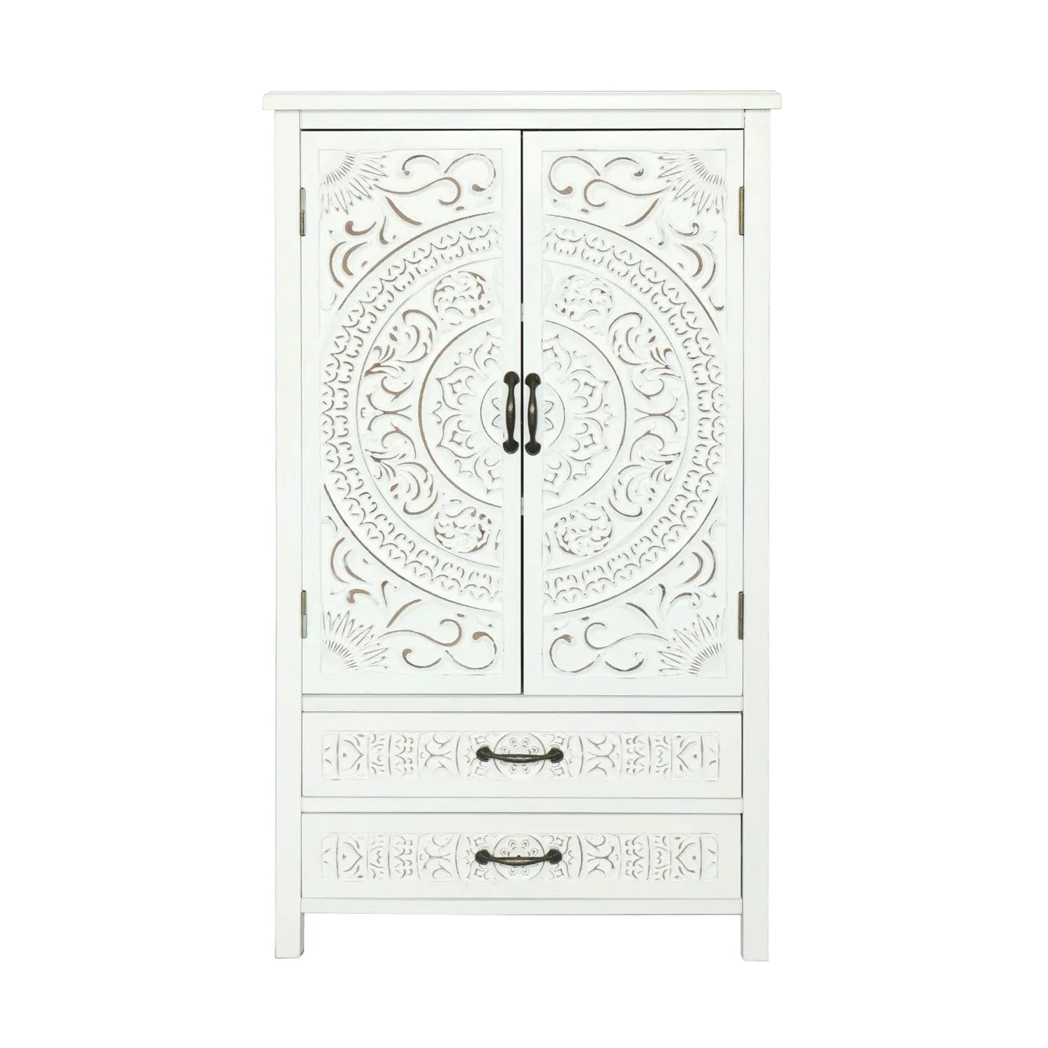 27" White Wood Accent Cabinet With Two Doors And Two Drawers Homeroots Kitchen & Dining