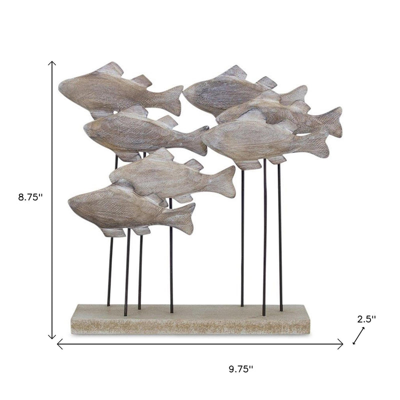9" Brown Metal And Wood School Of Fish Tabletop Sculpture - GreatEagleInc