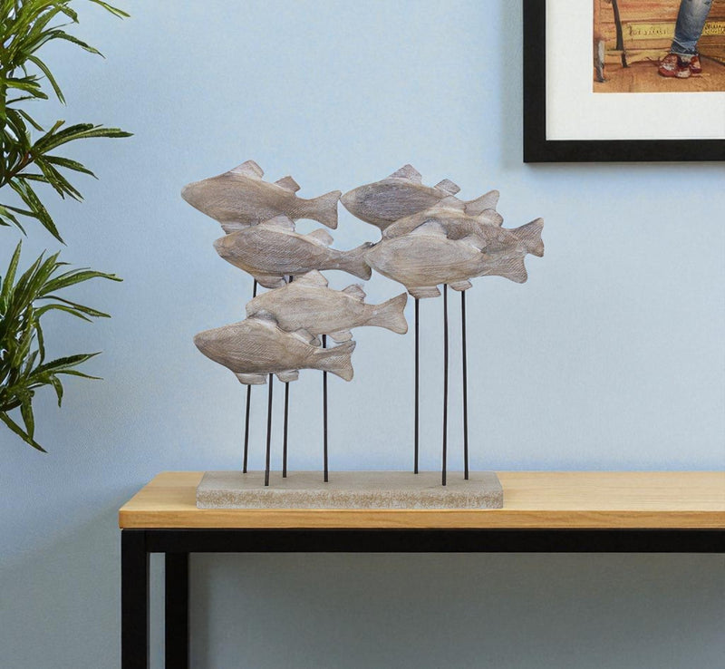 9" Brown Metal And Wood School Of Fish Tabletop Sculpture - GreatEagleInc