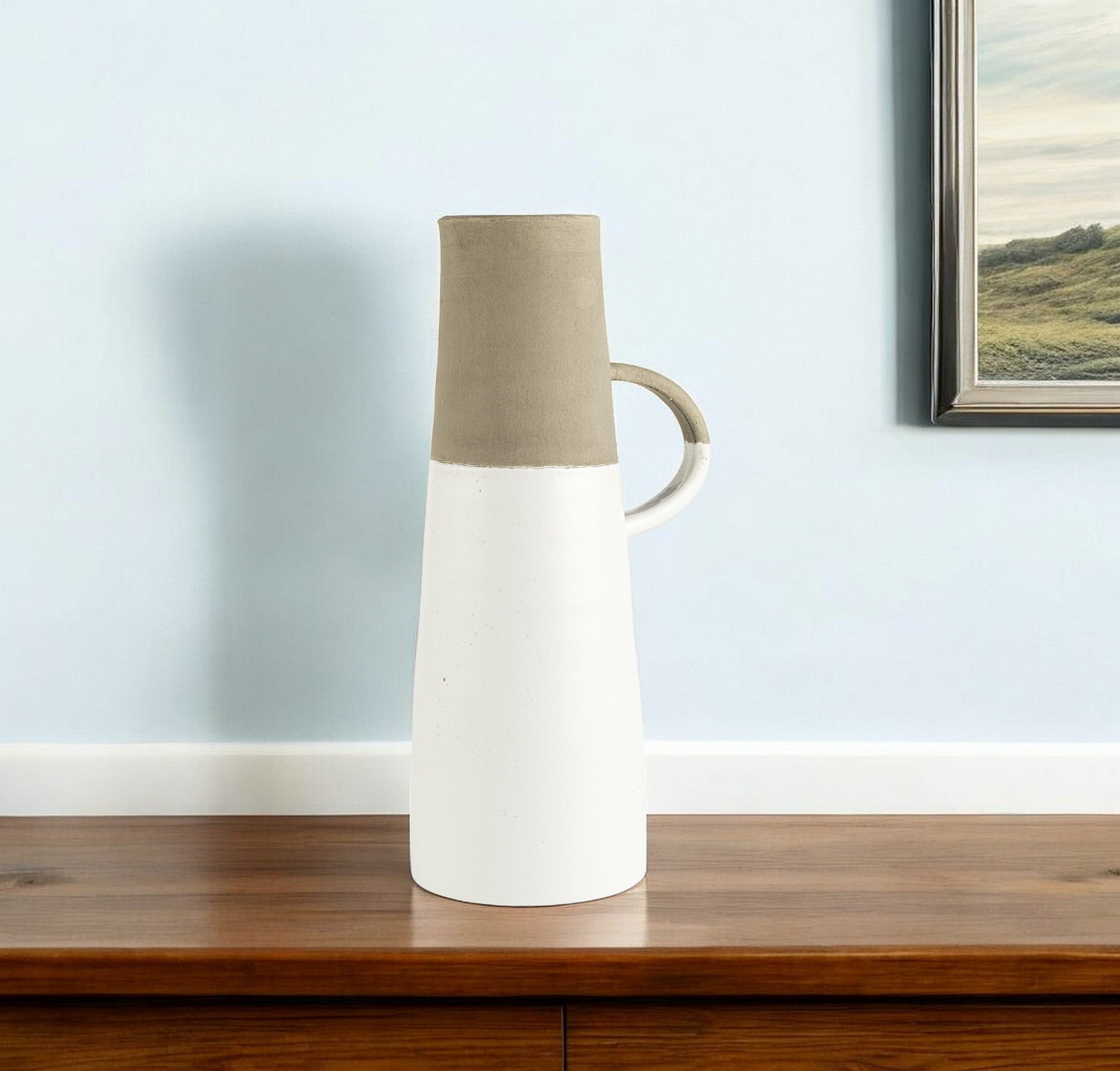 17" White and Natural Ceramic Decorative Jug Tabletop Sculpture - GreatEagleInc