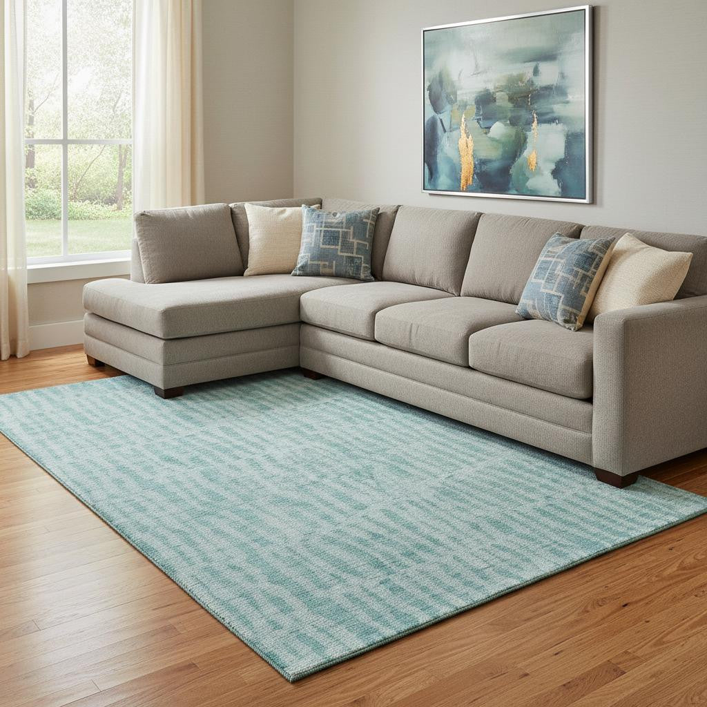 10' X 14' Teal And Ivory Striped Washable Area Rug With UV Protection - GreatEagleInc