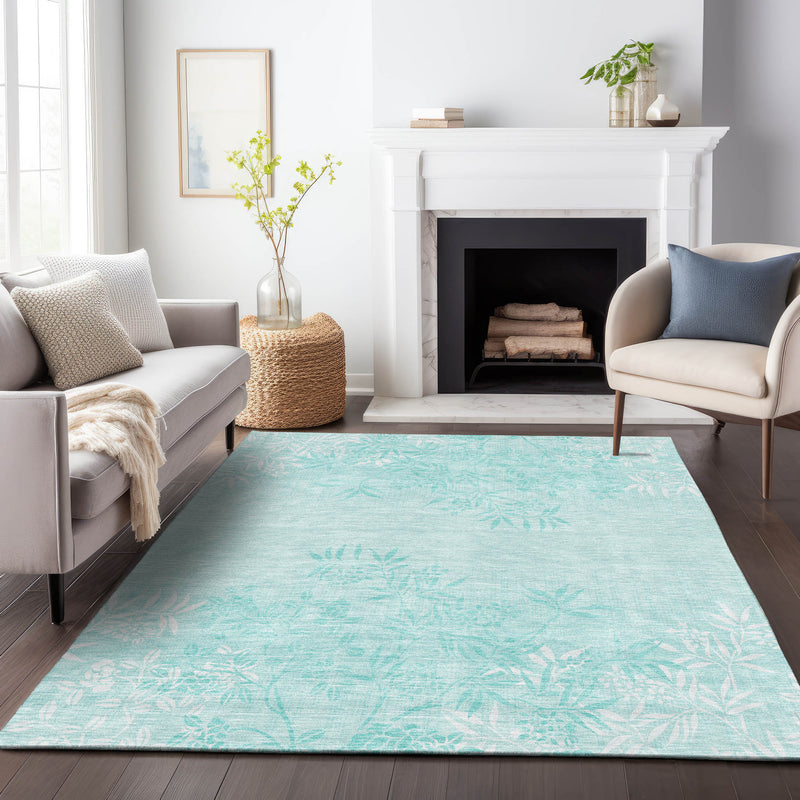 10' X 14' Teal And Ivory Floral Washable Area Rug With UV Protection - GreatEagleInc