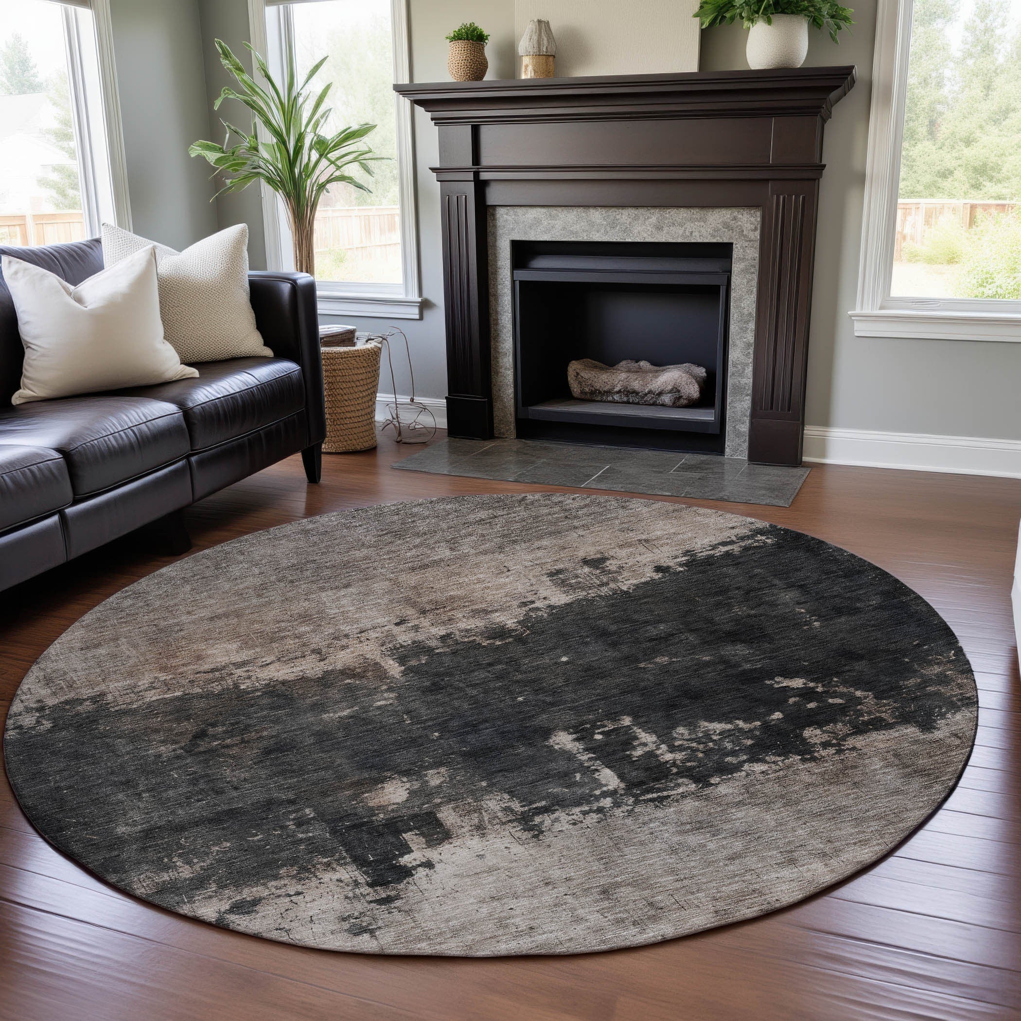8' Taupe Beige And Gray Abstract Washable Round Rug With UV Protection Homeroots Home Decor