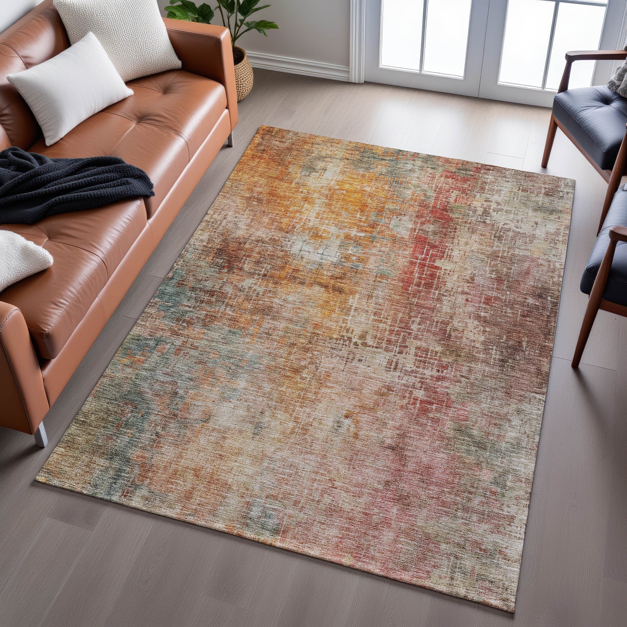3' X 5' Tan Beige And Red Abstract Washable Area Rug With UV Protection Homeroots Home Decor