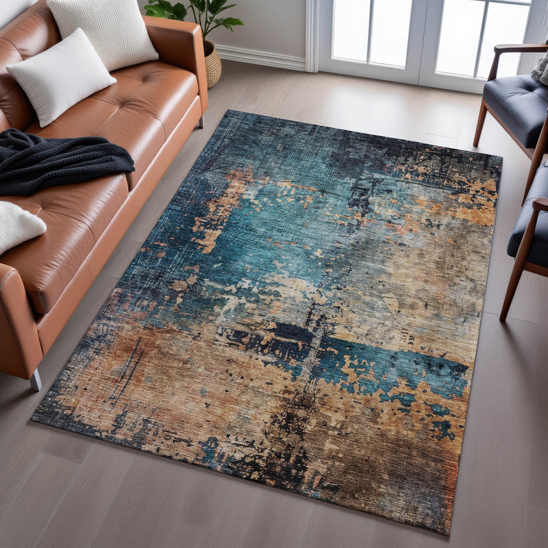10' X 14' Teal Beige And Gray Abstract Washable Area Rug With UV Protection Homeroots Home Decor