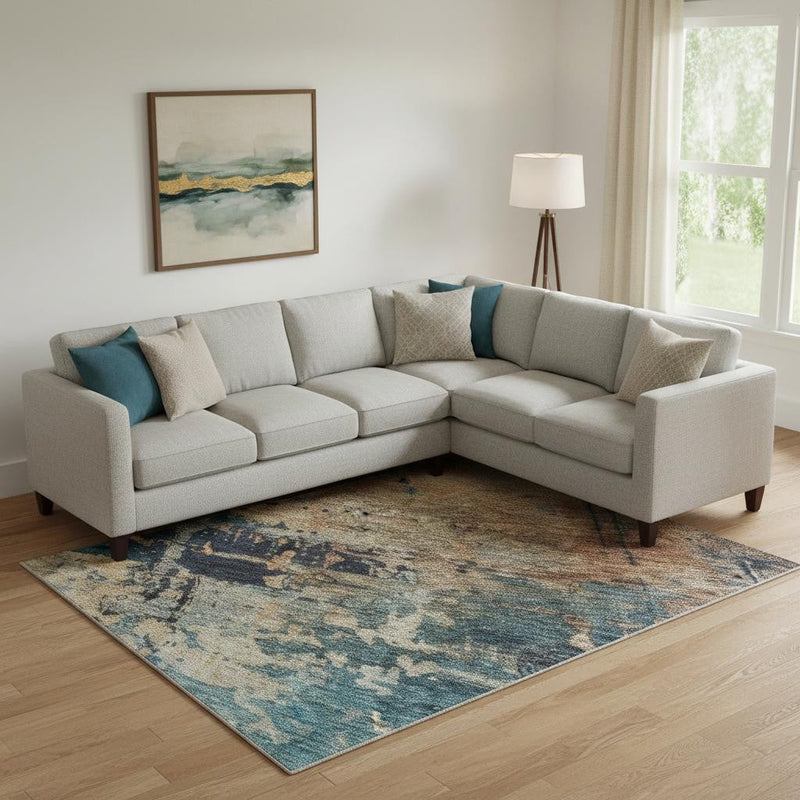 10' X 14' Teal Beige And Gray Abstract Washable Area Rug With UV Protection Homeroots Home Decor