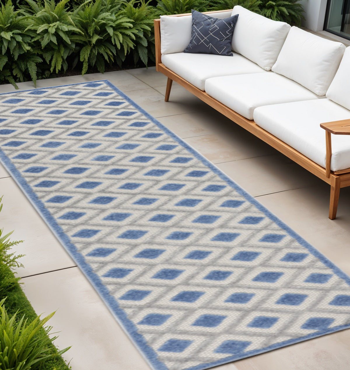 10' Blue And Gray Indoor Outdoor Runner Rug - GreatEagleInc