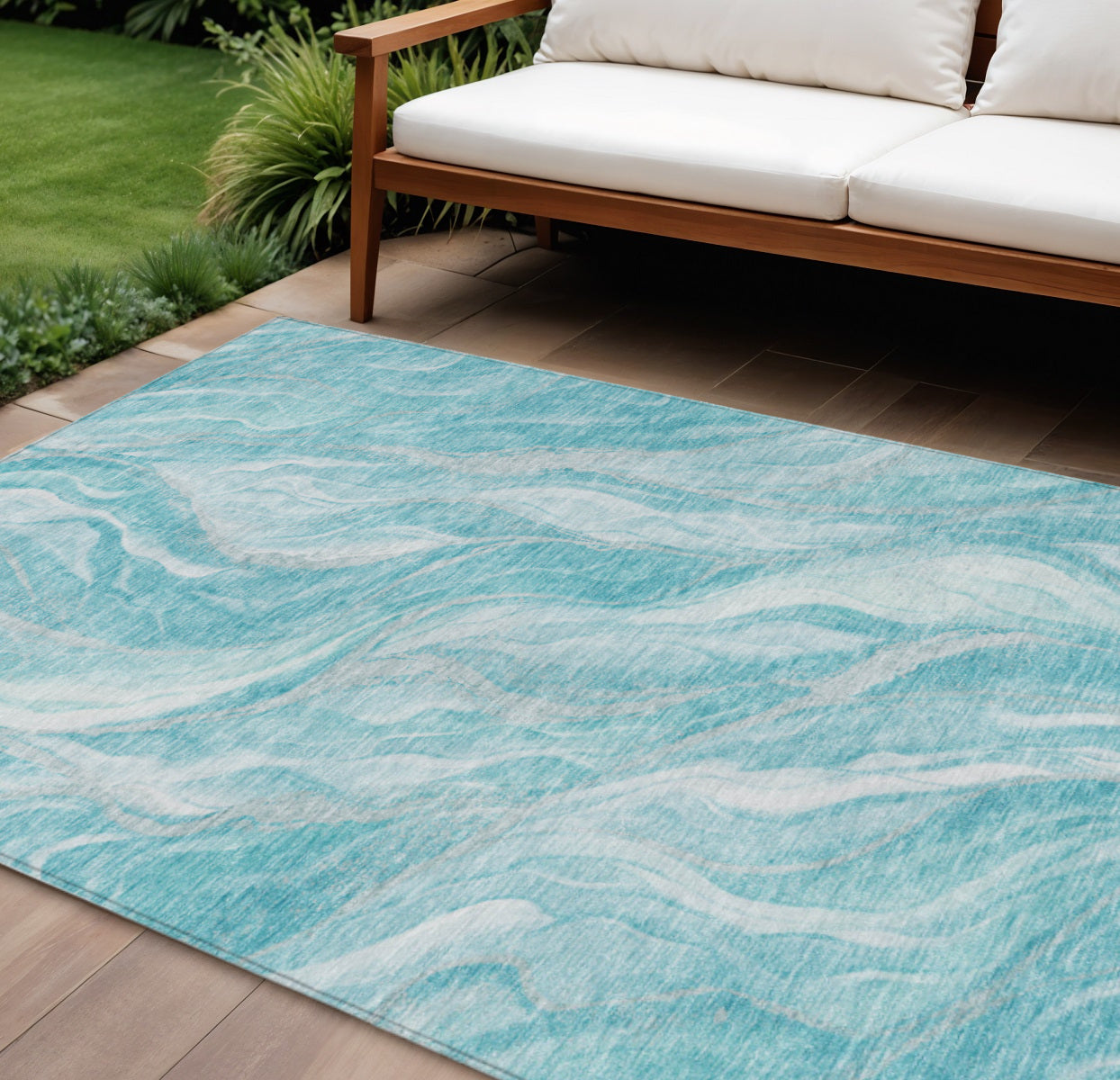 10' X 14' Teal Blue Aqua And Ivory Abstract Washable Indoor Outdoor Area Rug - GreatEagleInc