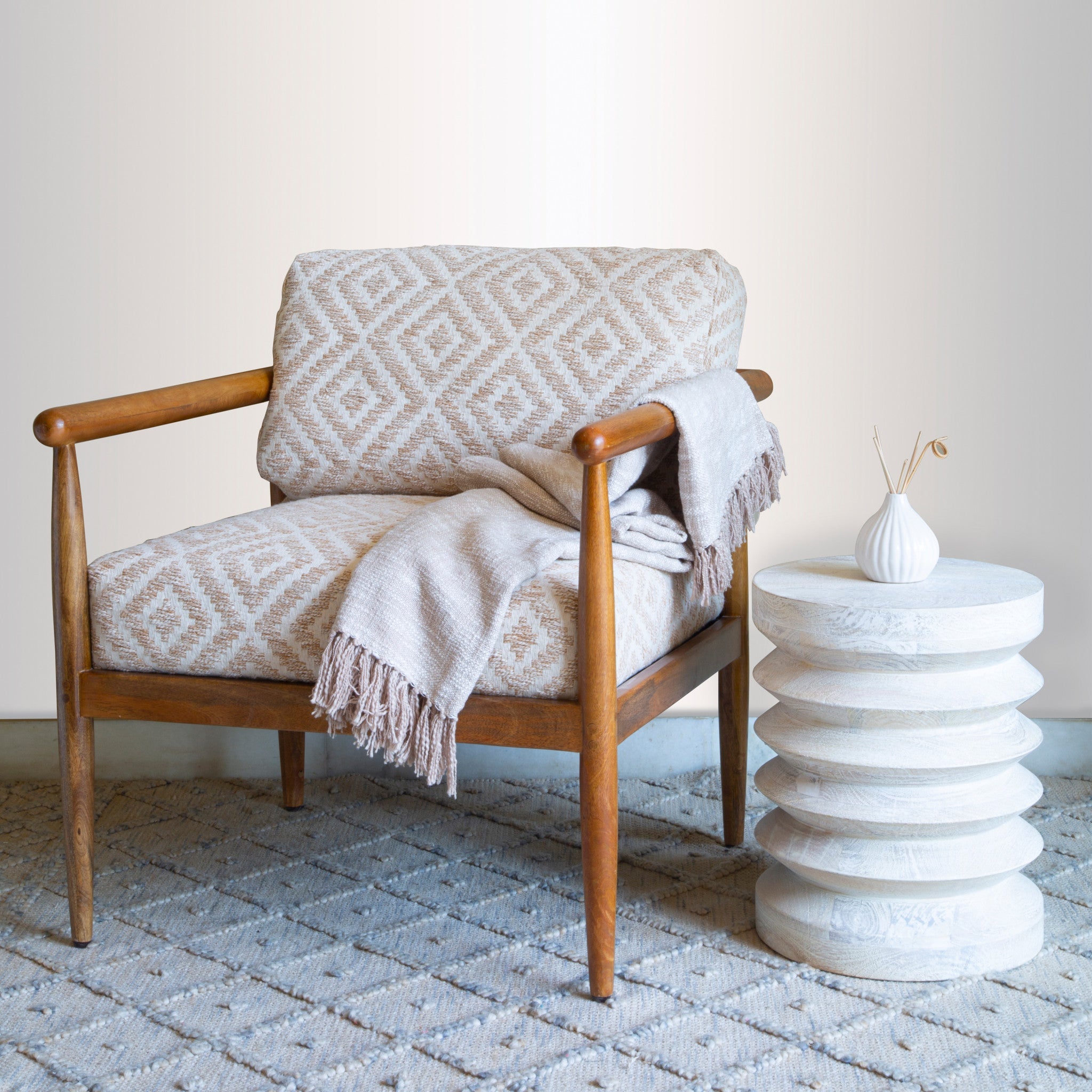 28" Beige and Brown Solid Wood Geometric Arm Chair Homeroots Living Room
