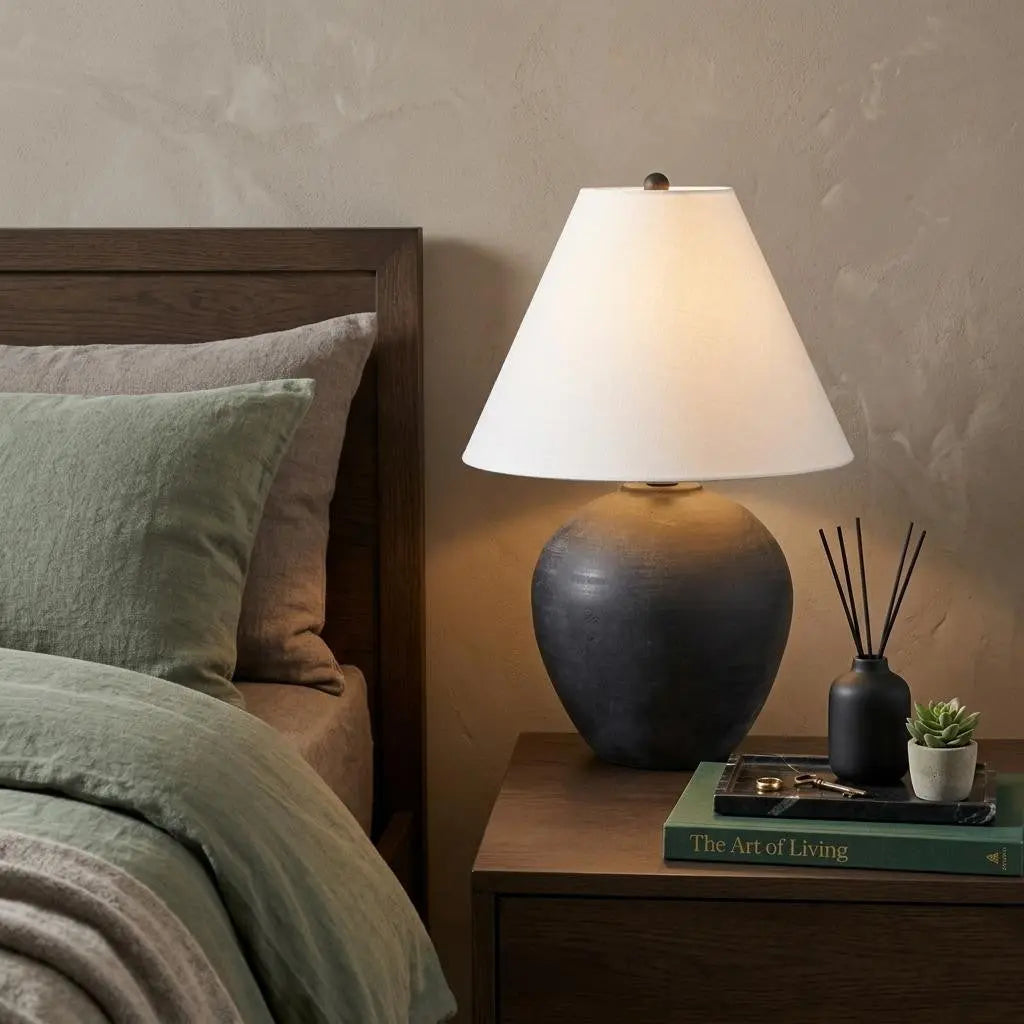 28" Black Novelty Bedside Lamp With Drum Shade Homeroots Lighting