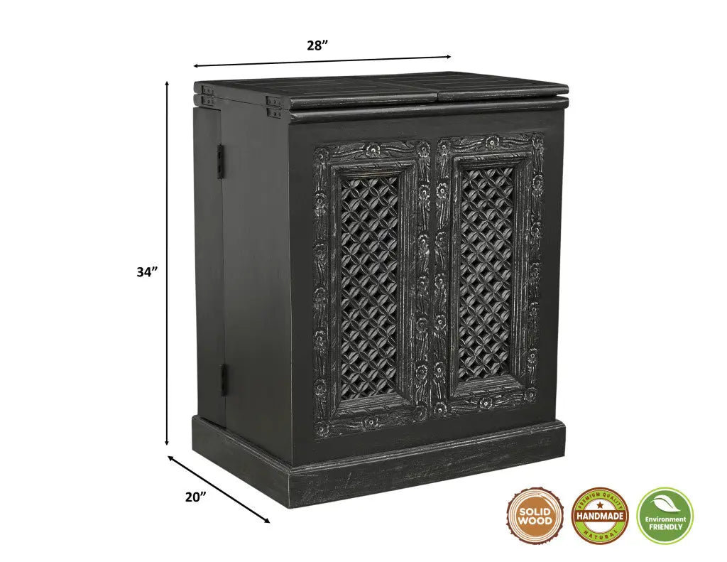 28" Black Solid Wood Carved Floral Bar Cabinet With Two Doors And One Drawer Homeroots Kitchen & Dining