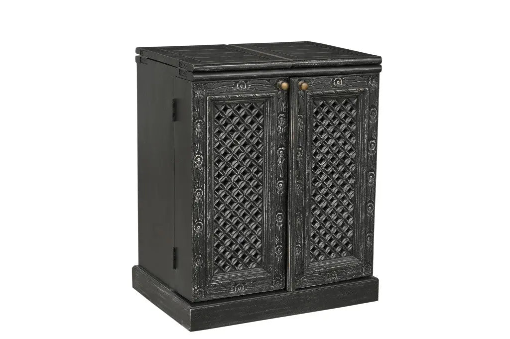 28" Black Solid Wood Carved Floral Bar Cabinet With Two Doors And One Drawer Homeroots Kitchen & Dining