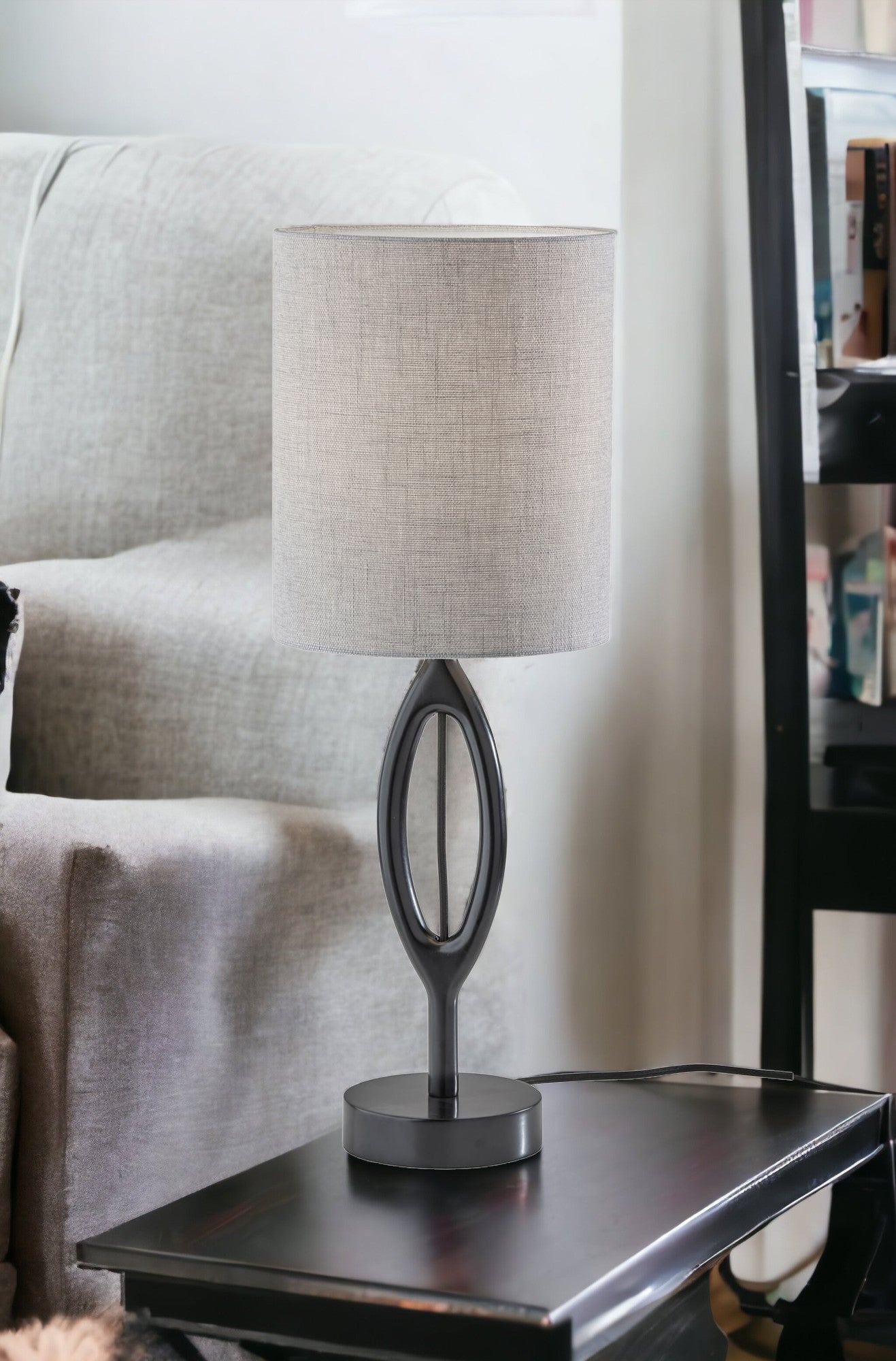 28" Black Solid Wood Round Table Lamp With Gray Drum Shade - GreatEagleInc