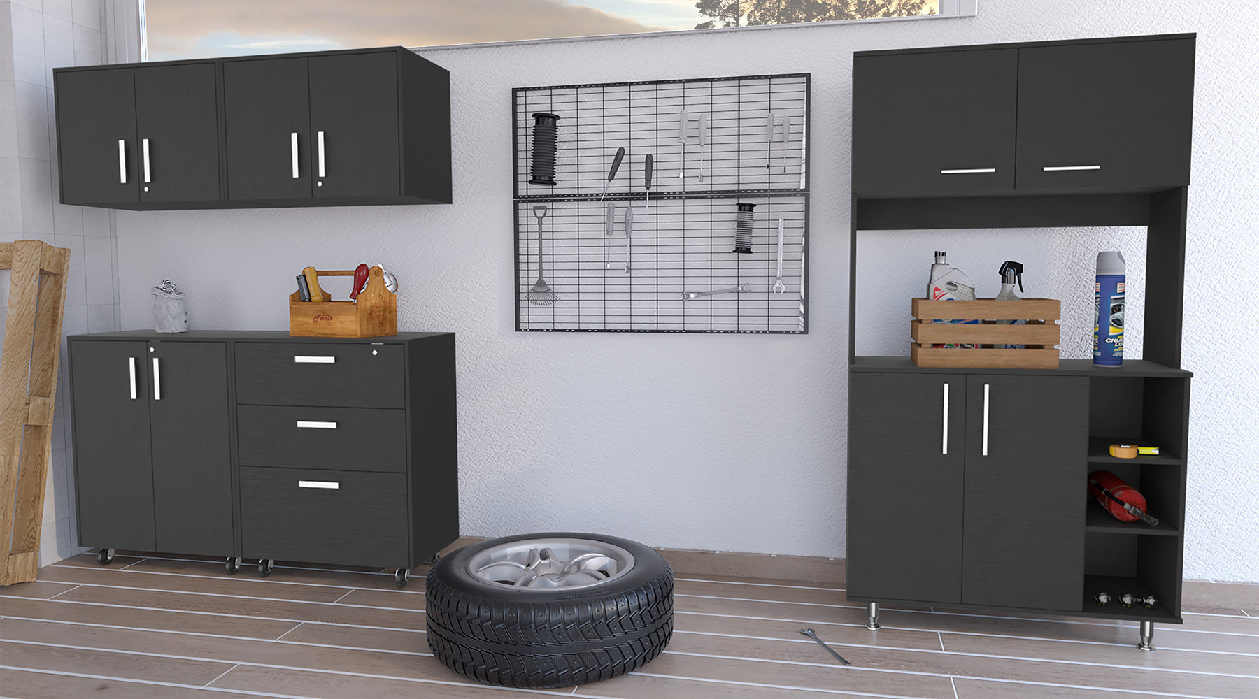 28" Black Wall mounted Accent Cabinet With Nine Shelves And Three Drawers - GreatEagleInc