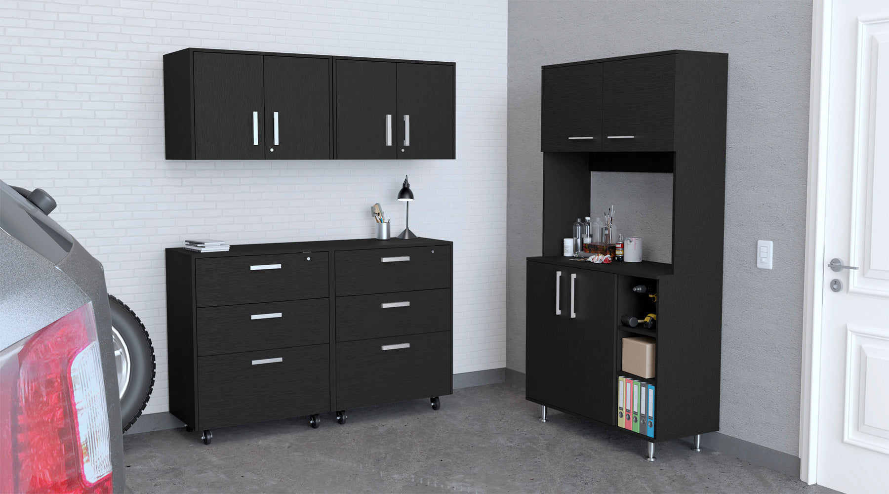 28" Black Wall mounted Accent Cabinet With Seven Shelves And Six Drawers - GreatEagleInc
