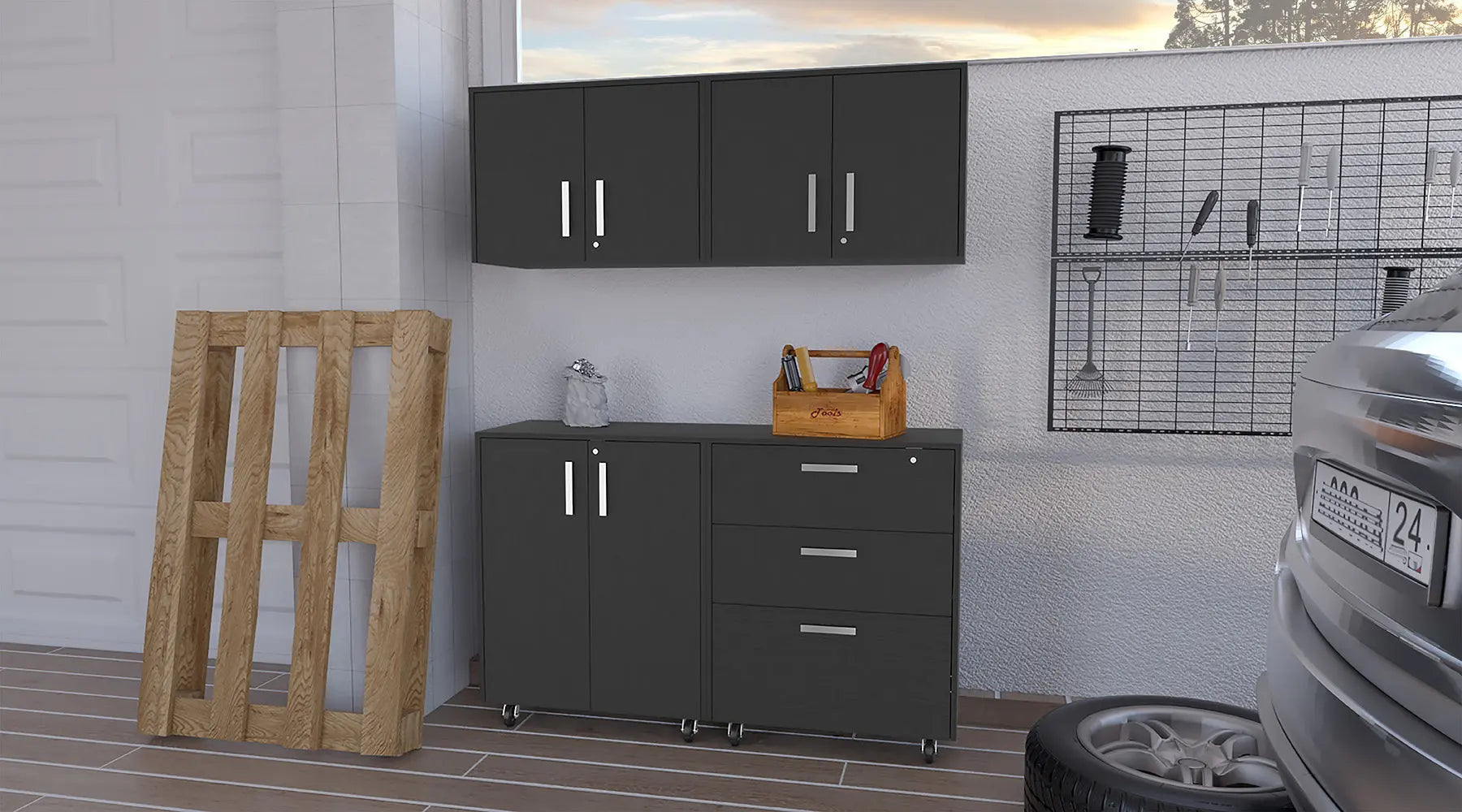 28" Black Wall mounted Accent Cabinet With Six Shelves And Three Drawers - GreatEagleInc