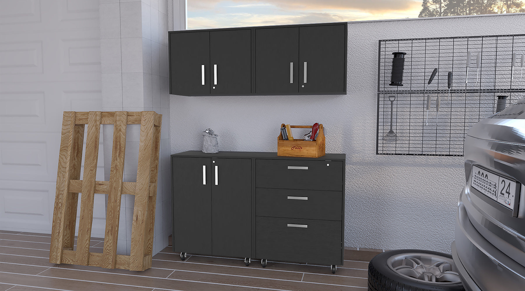 28" Black Wall mounted Accent Cabinet With Six Shelves And Three Drawers - GreatEagleInc