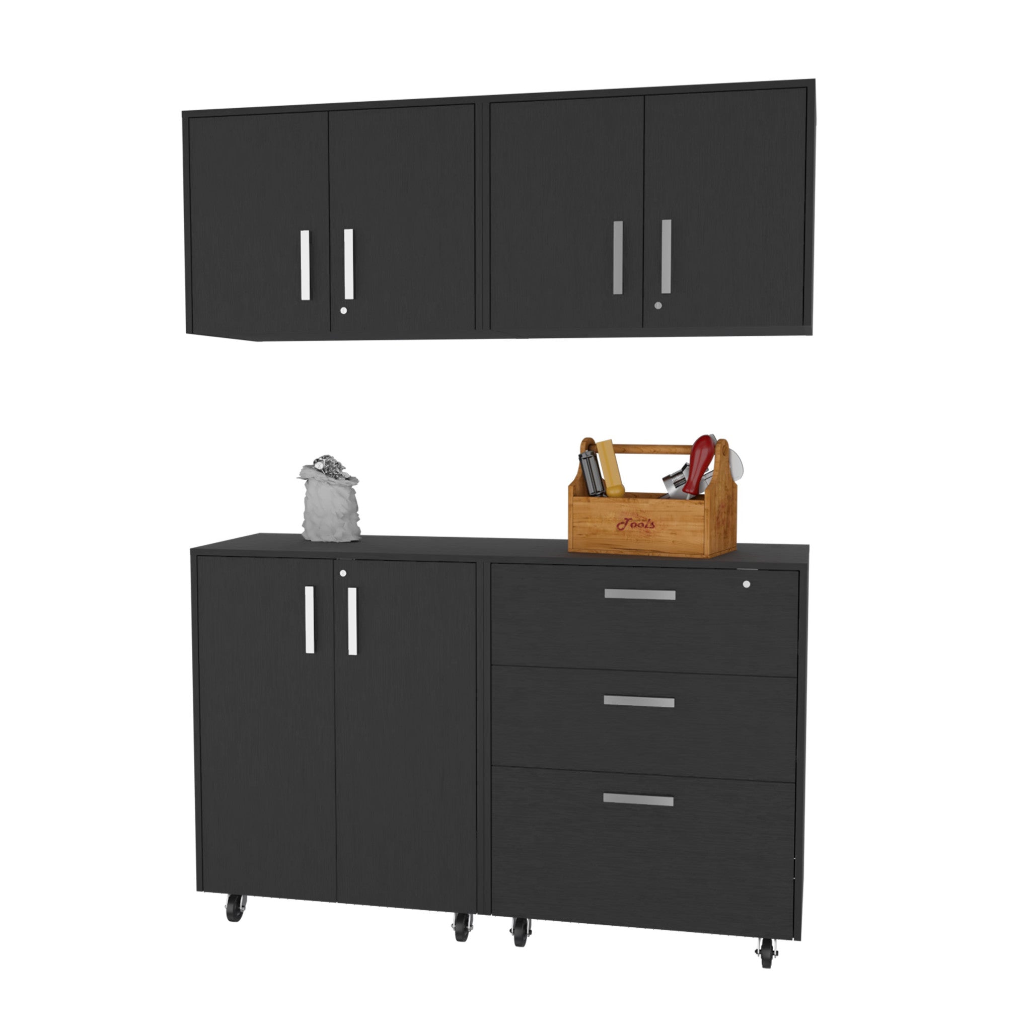28" Black Wall mounted Accent Cabinet With Six Shelves And Three Drawers - GreatEagleInc
