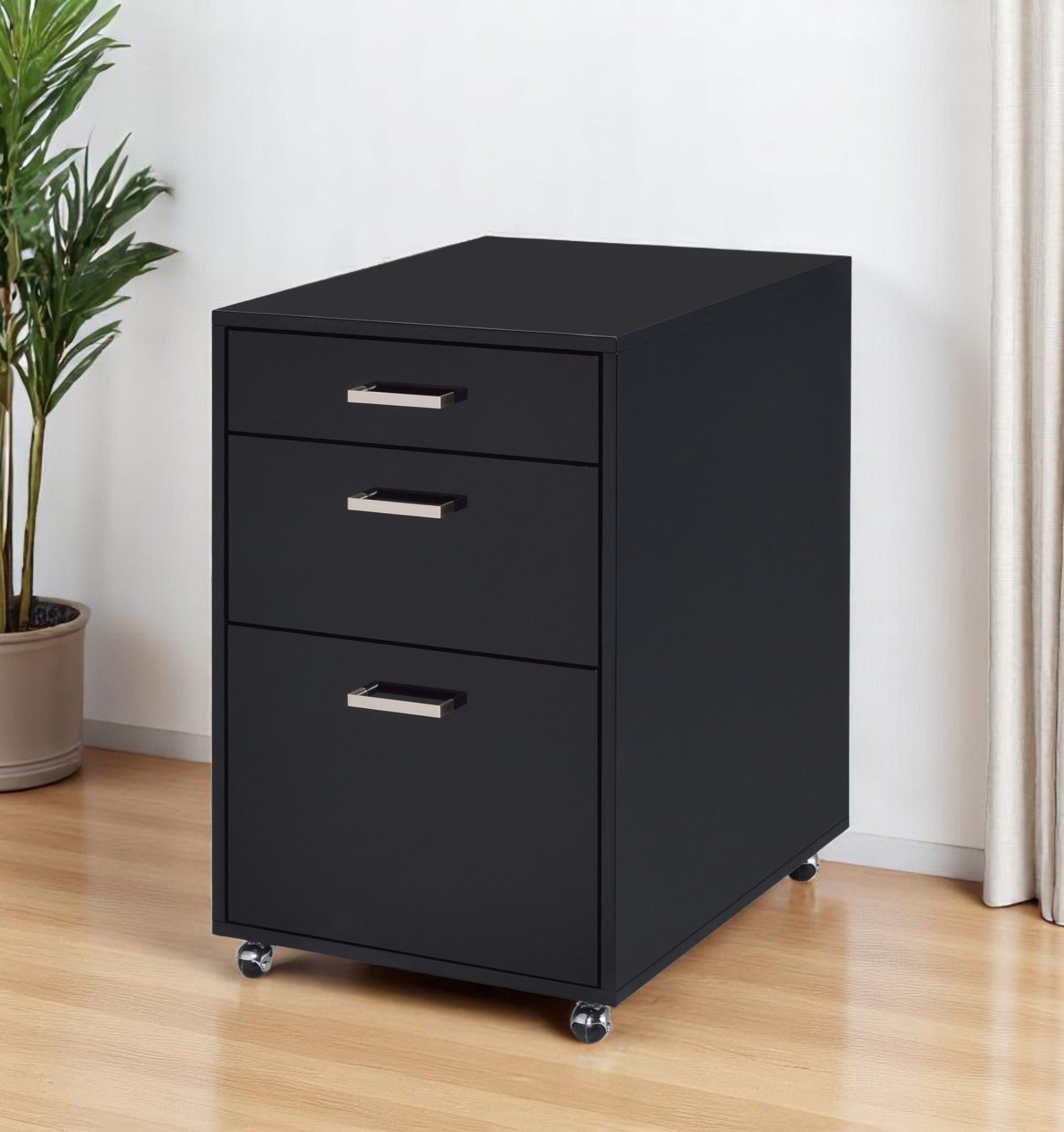 28" Black Wood And Metal Three Drawers Filing Cabinet - GreatEagleInc
