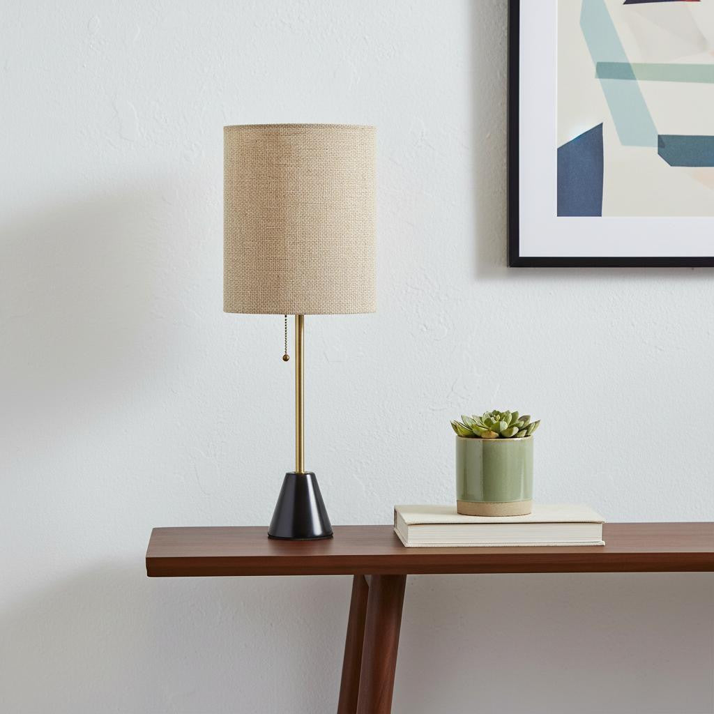 28" Black and Gold Marble and Metal Table Lamp With Beige Drum Shade - GreatEagleInc