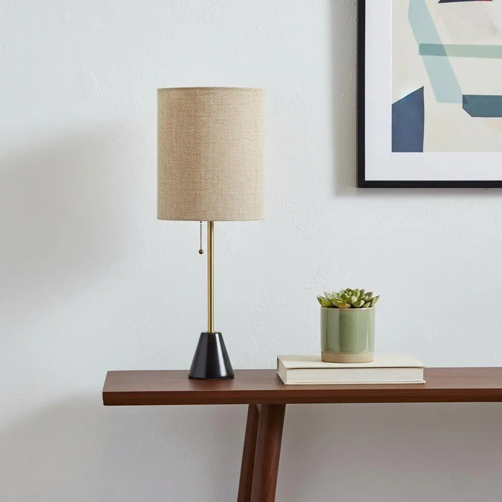 28" Black and Gold Marble and Metal Table Lamp With Beige Drum Shade - GreatEagleInc