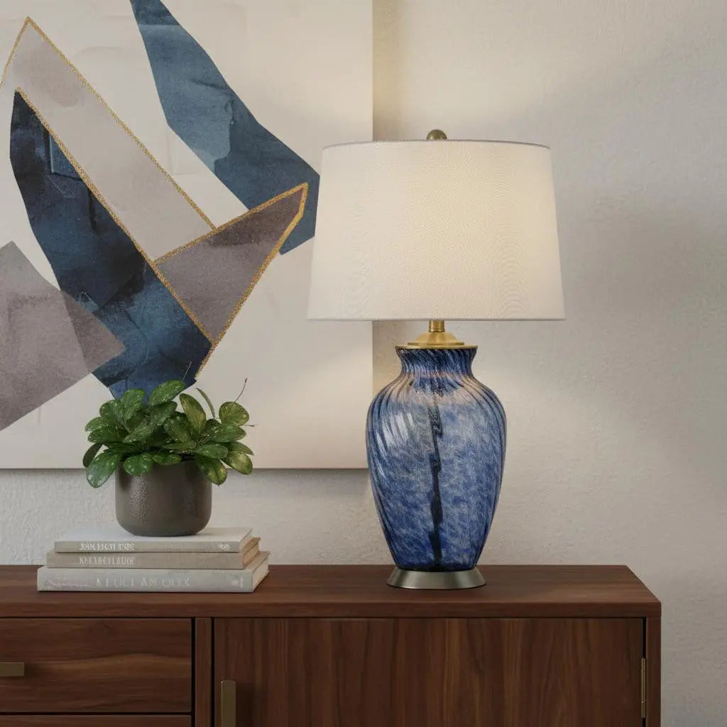 28" Blue Swirl Glass Table Lamp With White Empire Shade Homeroots Lighting