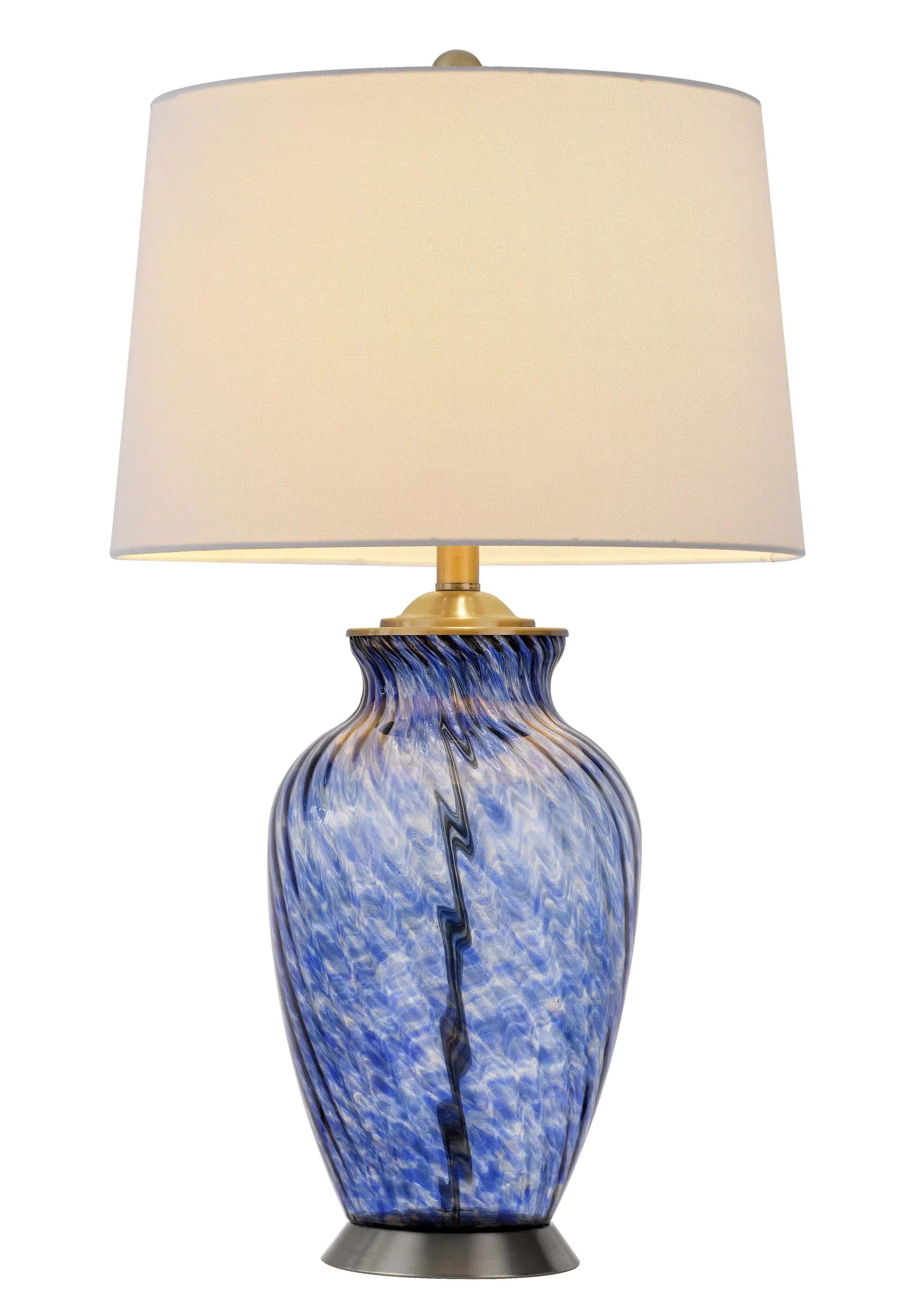 28" Blue Swirl Glass Table Lamp With White Empire Shade Homeroots Lighting