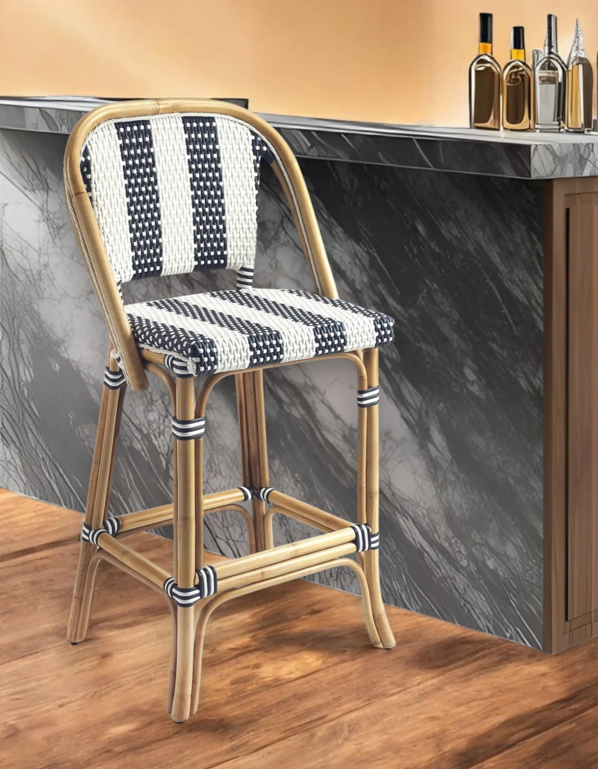 28" Blue and White and Natural Rattan Bar Chair Homeroots Living Room