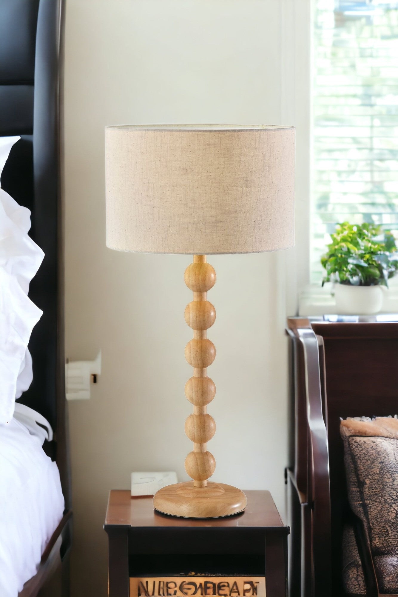 28" Brown Solid Wood Candlestick Table Lamp With Off White Drum Shade - GreatEagleInc