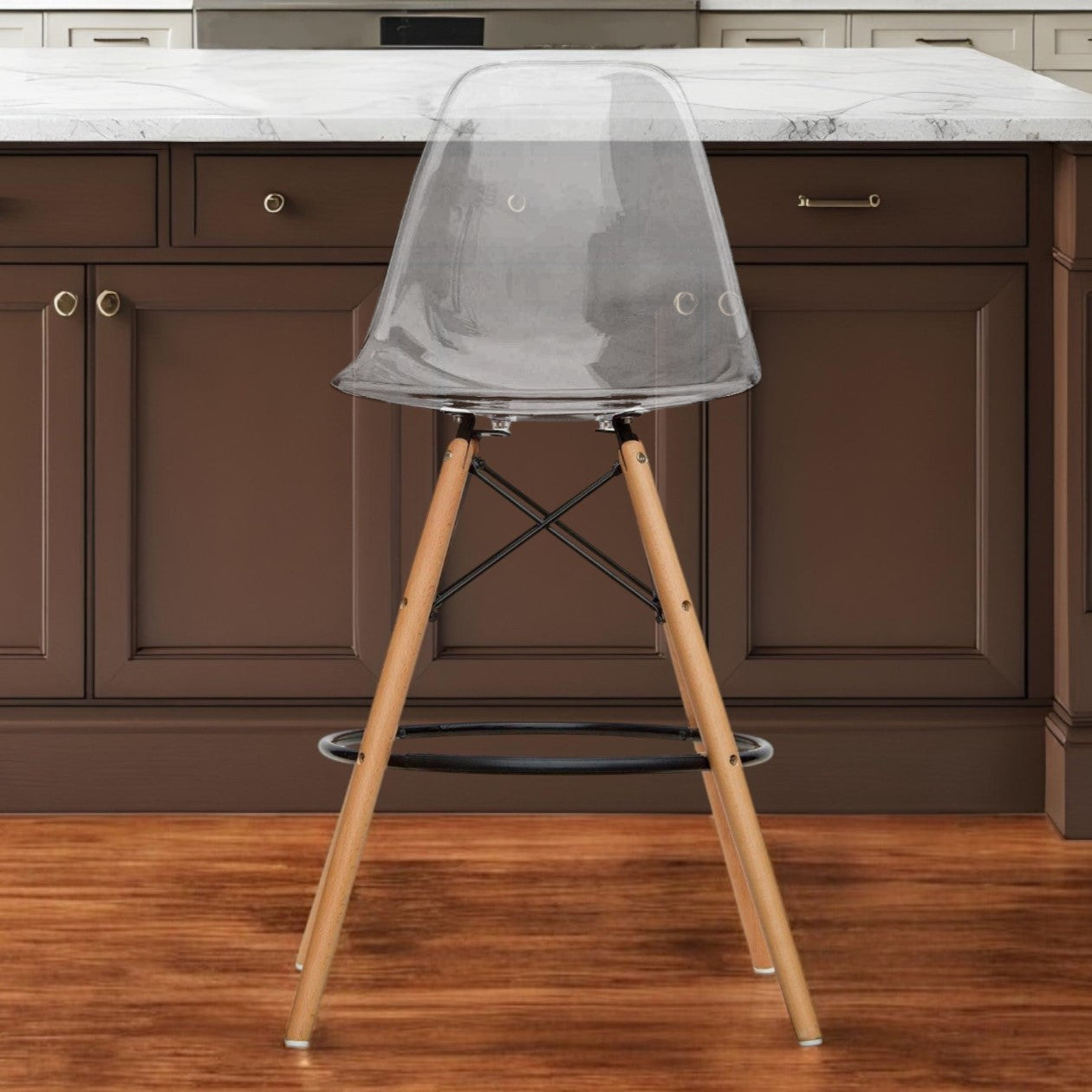 28" Clear And Brown Acrylic And Solid Wood Counter Height Bar Chair Homeroots Living Room